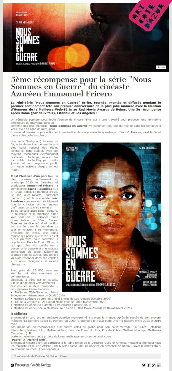 Art Côte d'Azur : 5ème récompense pour la série "Nous Sommes en Guerre" du cinéaste Azuréen Emmanuel Fricero